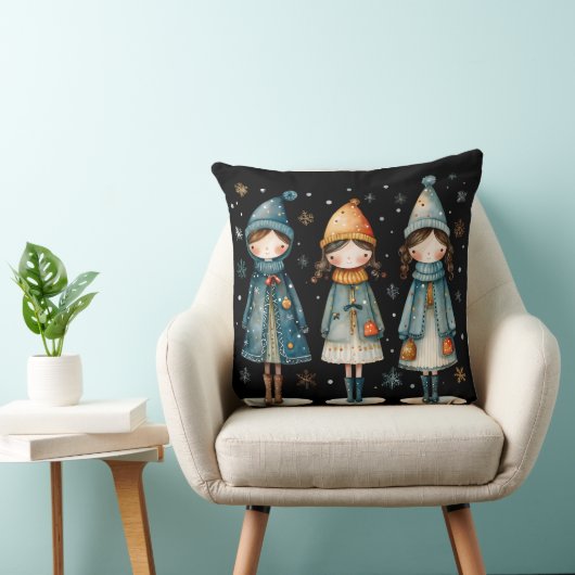 Three Cozy Girls in Snow Throw Pillow クッション (椅子)
