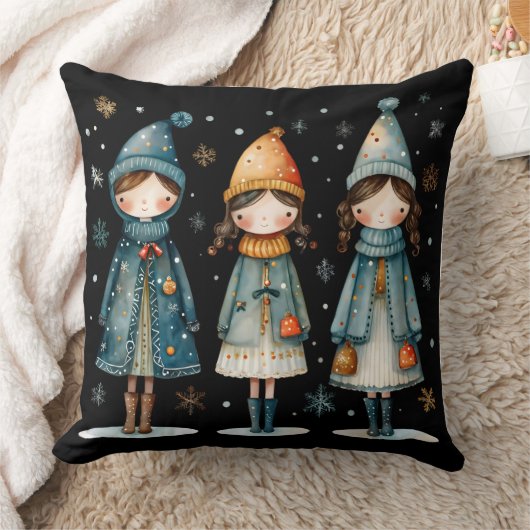 Three Cozy Girls in Snow Throw Pillow クッション (ブランケット)