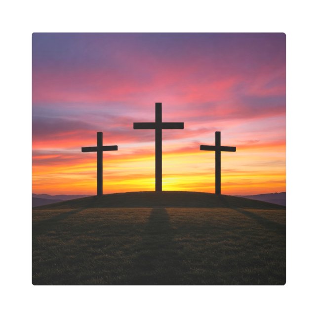 Three Crosses at Sunset Calvary Christian Faith メタルプリント (正面)