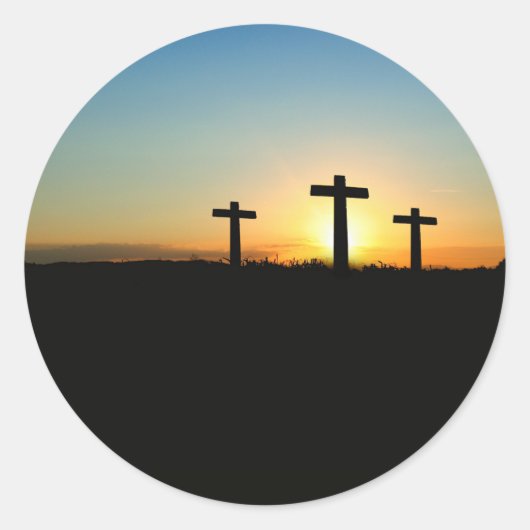 Three Crosses Sunset Jesus Stickers ラウンドシール (正面)