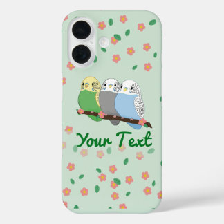 Three Cute Budgies Floral Cherry Blossom iPhone 16ケース