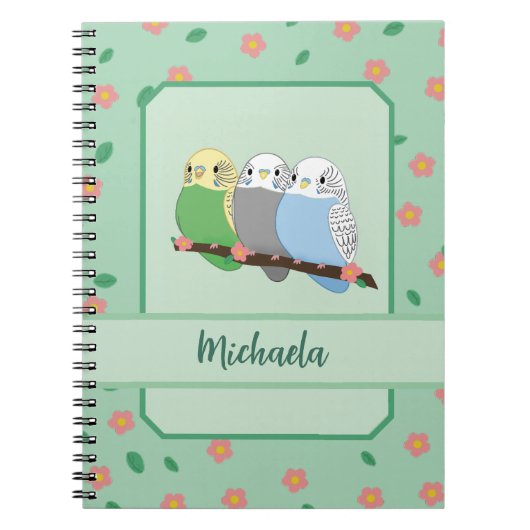 Three Cute Budgies Floral Cherry Spiral Notebook ノートブック (正面)