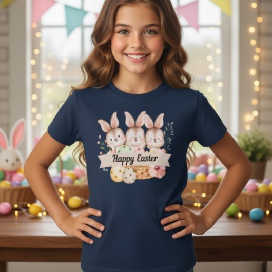 Three Cute Bunnies Happy Easter Girls T-Shirt Tシャツ