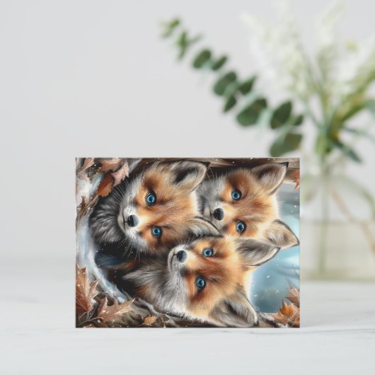 Three Cute Fox Cubs in Forest ポストカード (スタンド正面)