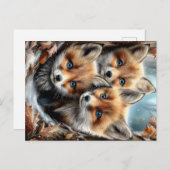 Three Cute Fox Cubs in Forest ポストカード (正面/裏面)