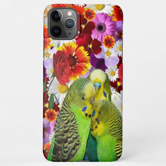 three cute green Budgies with cloroful flower iPhoneケース (裏面)