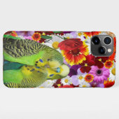 three cute green Budgies with cloroful flower iPhoneケース (裏面横)