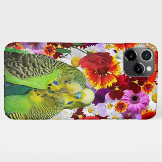 three cute green Budgies with cloroful flower iPhoneケース (裏面横)