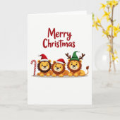 Three Cute Lion Cubs Christmas Card with Reindeer カード (黄色い花)