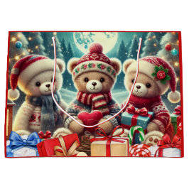 Three Cute Teddy Bears Merry Christmas ラージペーパーバッグ