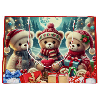 Three Cute Teddy Bears Merry Christmas ラージペーパーバッグ
