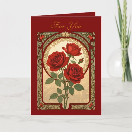 Three Deep Red Roses Art Nouveau Style カード (正面)