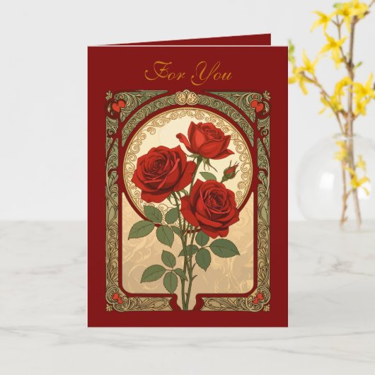Three Deep Red Roses Art Nouveau Style カード (黄色い花)