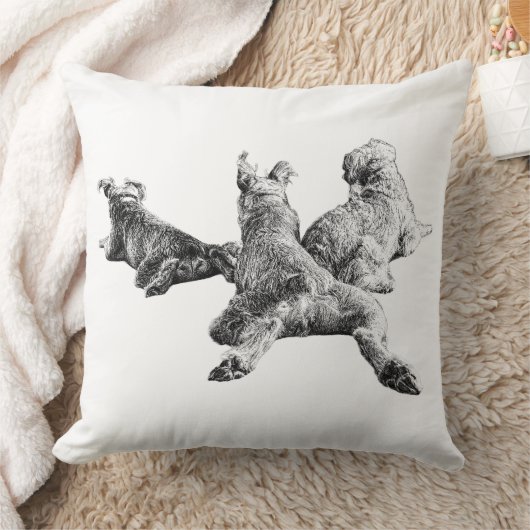 Three Dogs Pillow – Resting Trio in Ink Linework クッション (ブランケット)