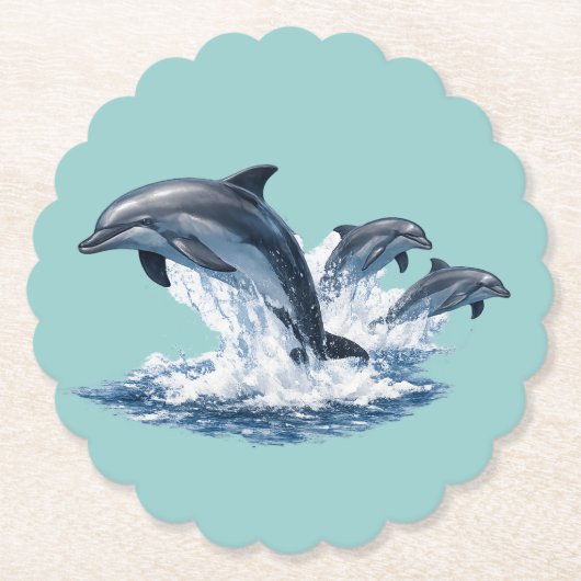 Three Dolphins Jumping, Ocean Life Hat Design ペーパーコースター (正面)