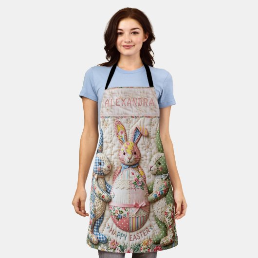 Three Easter Bunnies Quilted Look エプロン (着用した状態)