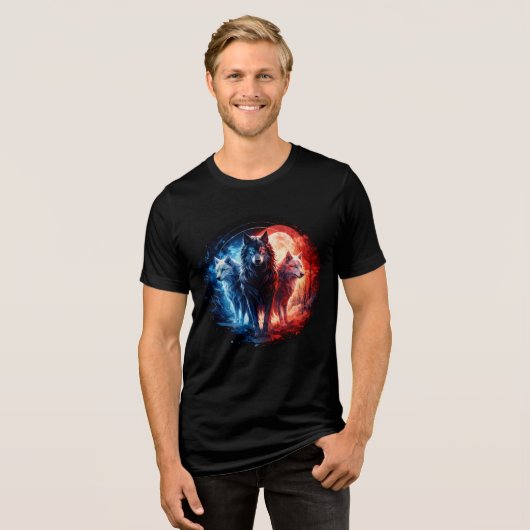 Three Elemental Wolves Under Full Moon トライブレンドTシャツ (正面全面)