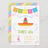 THREE-estaの3番目の誕生日カラフルの黒板 招待状 (正面/裏面)