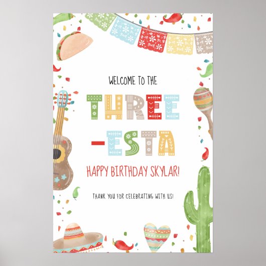 Three-esta 3rd Birthday Party Welcome Sign ポスター (正面)