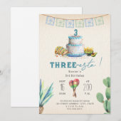 Three Esta Boys Blue Third Birthday Fiesta 招待状 (正面/裏面)