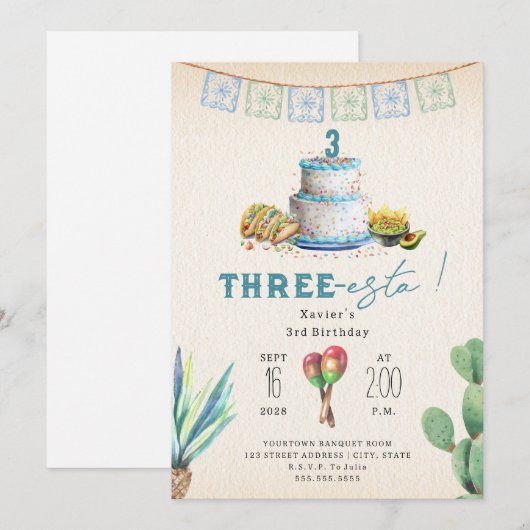 Three Esta Boys Blue Third Birthday Fiesta 招待状 (正面/裏面)