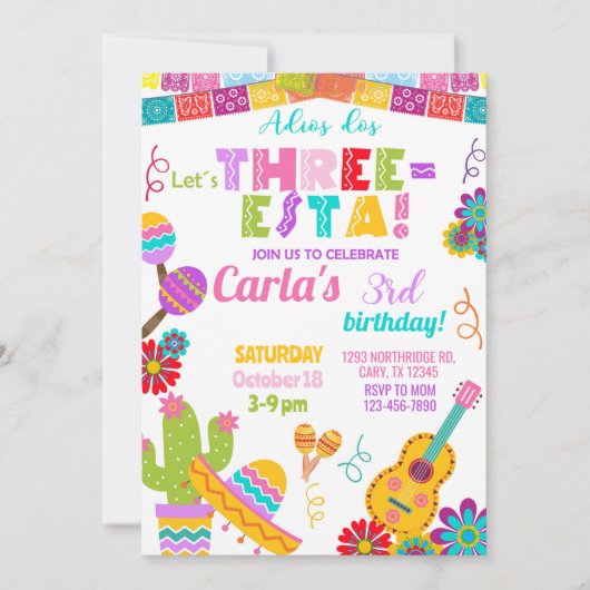 Three-esta Fiesta girl 3rd birthday invitation. 招待状 (正面)