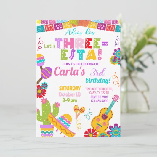 Three-esta Fiesta girl 3rd birthday invitation. 招待状 (スタンド正面)
