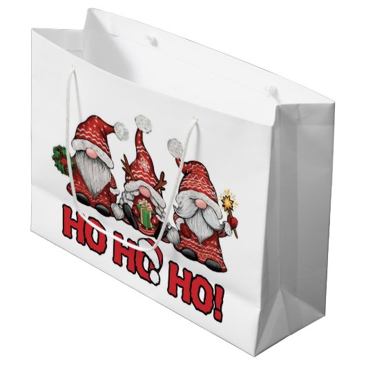 Three Festive Gnomes Christmas Gift Bag ラージペーパーバッグ (正面アングル)
