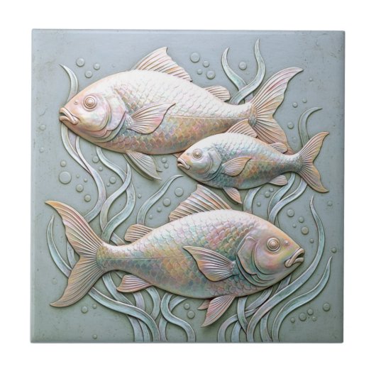 Three Fish Opalescent Bas Relief D1221 タイル (正面)