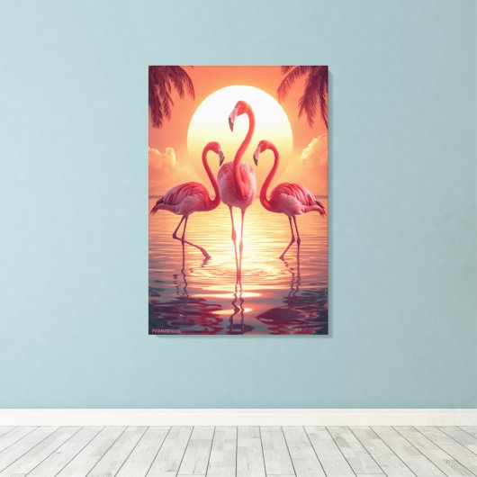 THREE FLAMINGOS Surreal キャンバスプリント (インサイチュ (ウッドフロア))