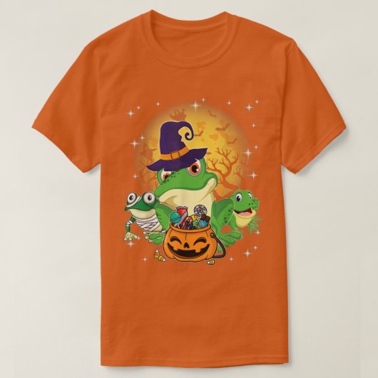 Three Frogs Mummy Witch Moon Ghosts Pumpkin Candy Tシャツ (デザイン正面)
