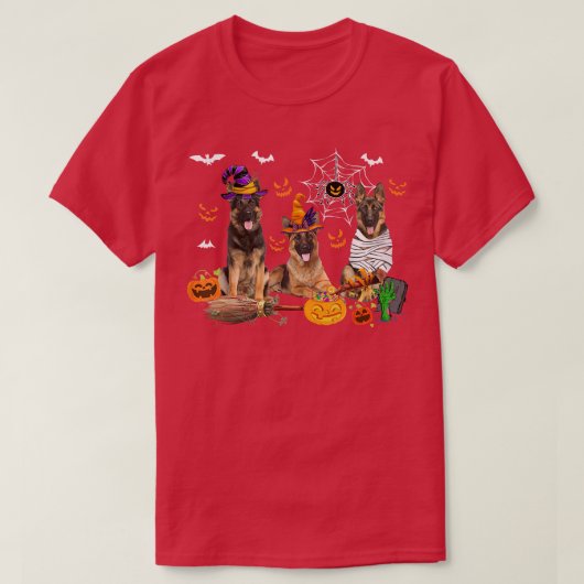 Three German Shepherd Dogs Mummy Witch Scary Pumpk Tシャツ (デザイン正面)
