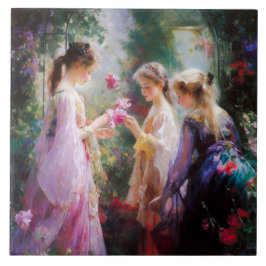 Three girls playing in a garden  タイル