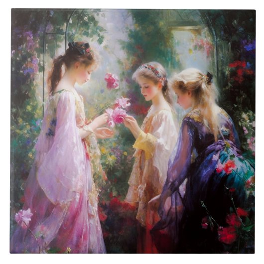 Three girls playing in a garden  タイル (正面)