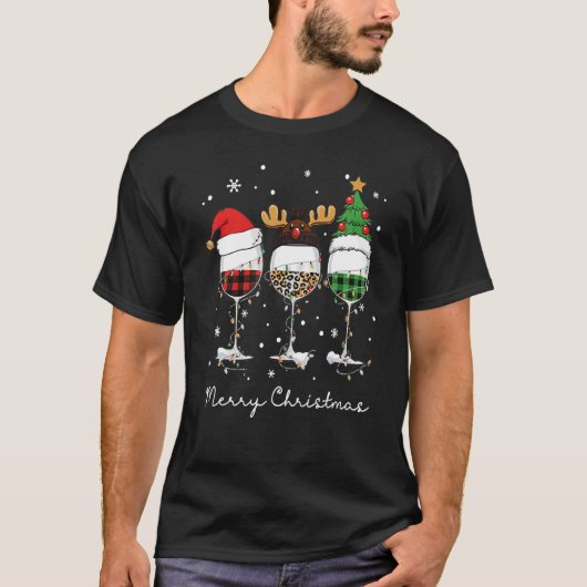 Three Glass Wine Santa Hat Merry Christmas Drinkin Tシャツ (正面)