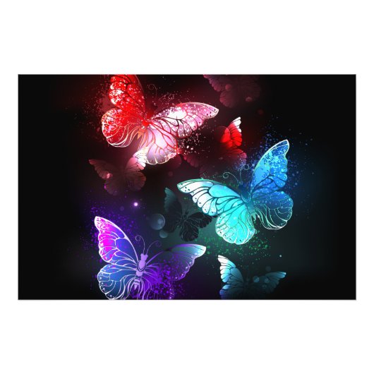 Three Glowing Butterflies on night background フォトプリント (正面)