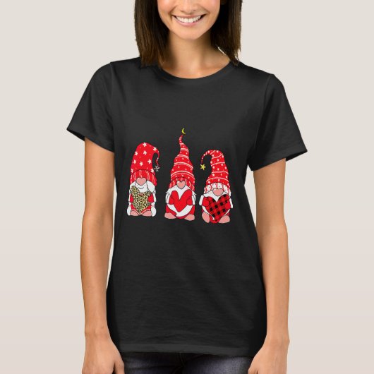 Three Gnomes Holding Heart Leopard Happy Valentine Tシャツ (正面)