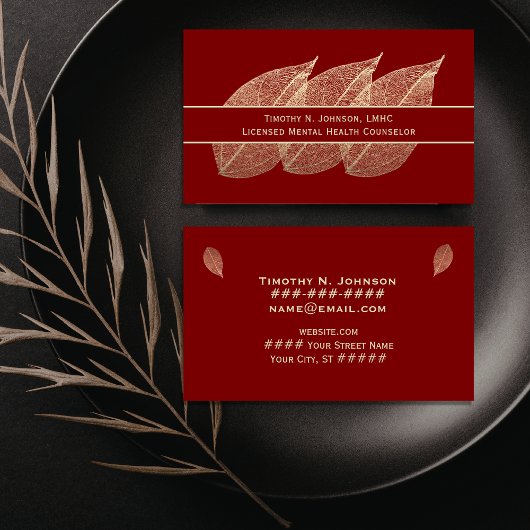 Three Golden Leaves on Maroon Counselor Therapist 名刺