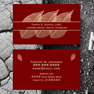 Three Golden Leaves on Maroon Counselor Therapist 名刺