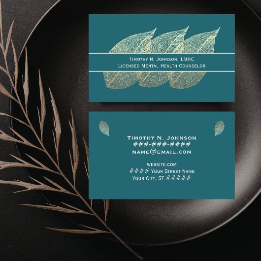 Three Golden Leaves on Teal Counselor Psychologist 名刺