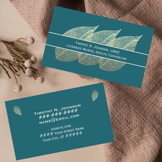 Three Golden Leaves on Teal Counselor Psychologist 名刺