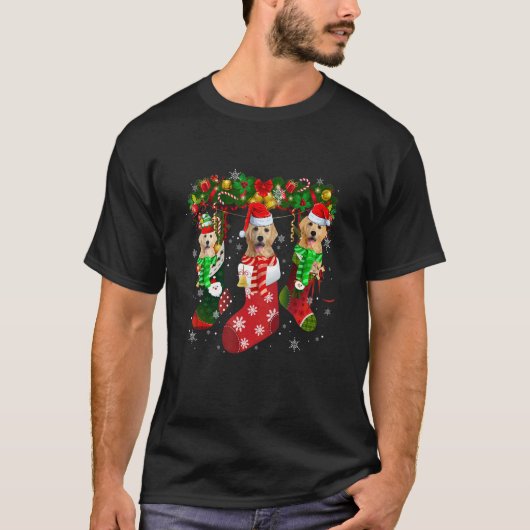 Three Golden Retriever In Socks Christmas Santa Ha Tシャツ (正面)
