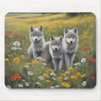 Three grey wolf pups watching for mischief マウスパッド