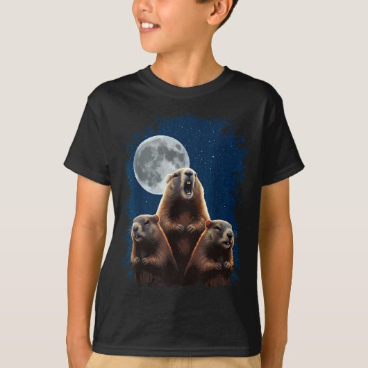 Three Groundhogs And A Moon Funny Groundhog Day  Tシャツ (正面)