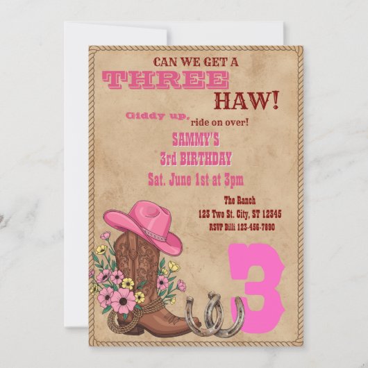Three Haw Pink, Western 3rd Birthday 招待状 (正面)