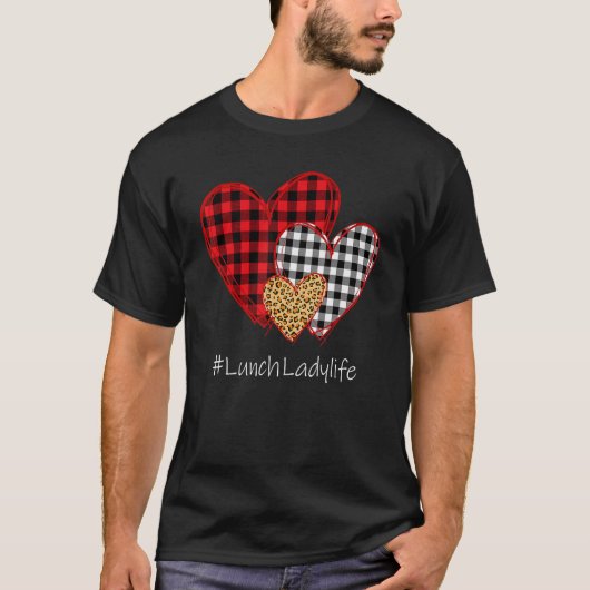 Three Hearts Buffalo Plaid Lunch Lady Valentine's  Tシャツ (正面)