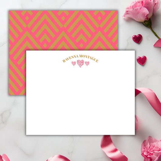 Three Hearts Gold Watermelon Pink Fans Note Card ノートカード