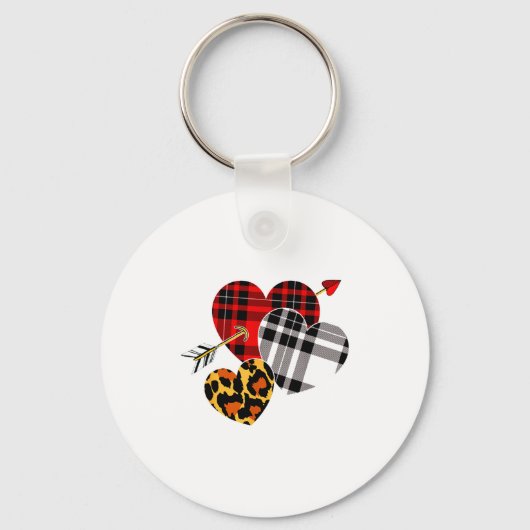 Three Hearts Leopard Buffalo Plaid Valentines Day  キーホルダー (正面)