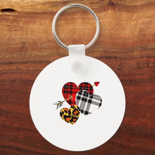 Three Hearts Leopard Buffalo Plaid Valentines Day キーホルダー (正面)