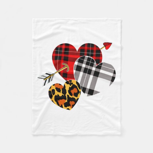 Three Hearts Leopard Buffalo Plaid Valentines Day  フリースブランケット (正面)